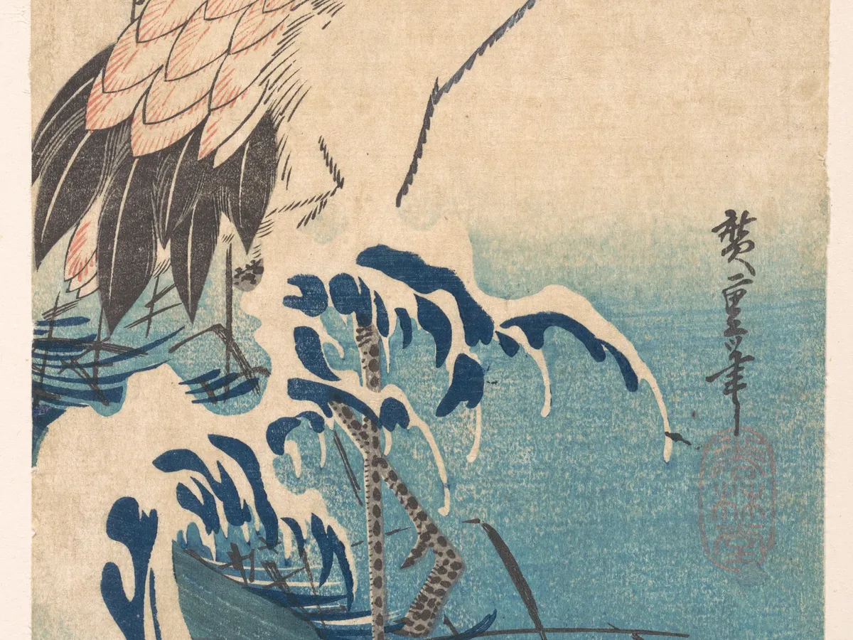 Cranes over waves, a woodblock print